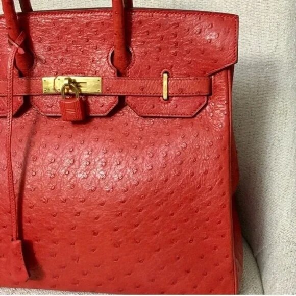 Authentic RARE HERMES Hac Birkin 32 bag Ostrich leather Rouge Vif red - Picture 3 of 11